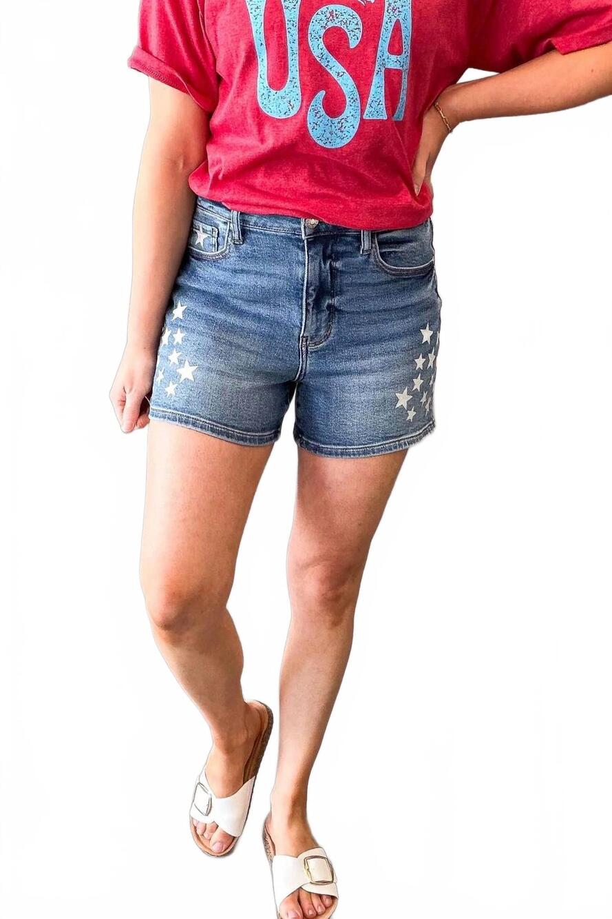 NEW JUDY BLUE high waist slim shorts with stars in blue